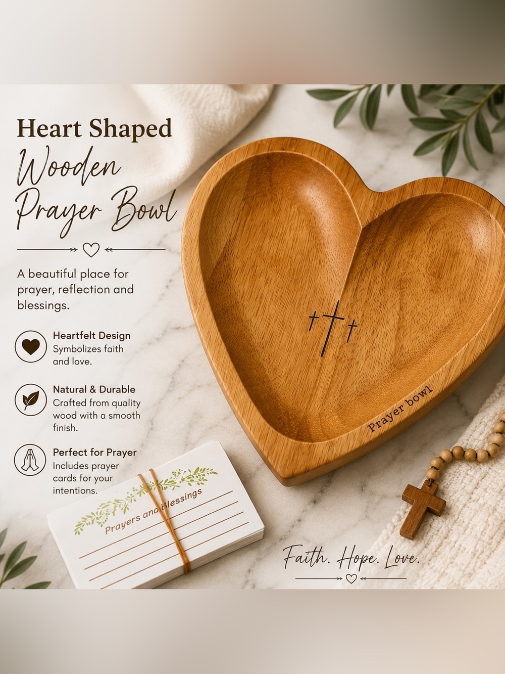 🆕 Heart Shaped Wooden Prayer Bowl with Cards